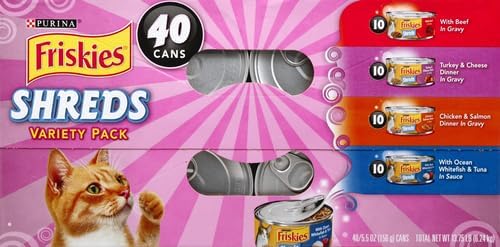 Friskies Purina Wet Cat Food Variety Pack, Shreds with Beef, Turkey & Cheese Dinner, Chicken & Salmon Dinner, and with Ocean Whitefish and Tuna - 5.5 oz. Cans (Pack of 80)