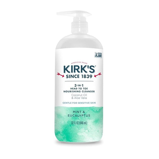 Kirk's 3-in-1 Head to Toe Nourishing Liquid Cleanser - for Men, Women, & Children - Premium Coconut Oil & Aloe Vera - Non GMO & Vegan - Mint and Eucalyptus - 32 Fl Oz.