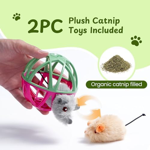Cat Toys for Indoor Cats - Interactive Ball Cage Cat Toy with Realistic Mice Sounds & 2 Catnip Plush Toys, Motion-Activated Hunting Simulation Toy for Cats