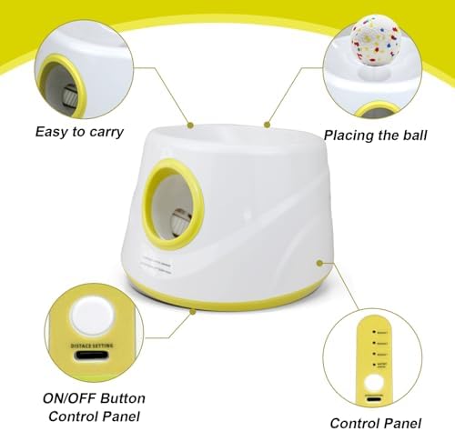 Automatic Dog Ball Launcher with 6 ETPU Balls, White, Adjustable Distance 20-45ft, USB Rechargeable, Interactive Pet Toys (Yellow)