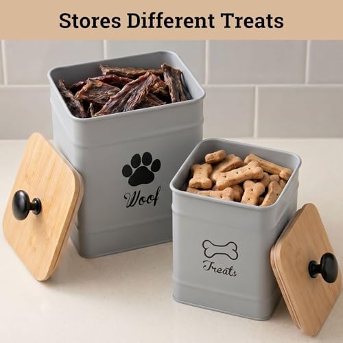 Dog Treat Container Set of 2 with Airtight Bamboo Lids - 8x6 & 7x5 inch