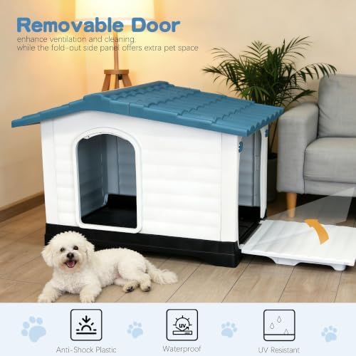 2-Door Small Dog House with Fold-Out Porch and Elevated Base, Blue