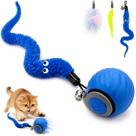 Automatic Rolling Cat Toy, 2-Speed Interactive Ball with Sound & 3 Replaceable Tails for Indoor Cats(Blue)