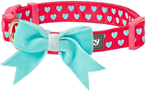 Blueberry Pet Adjustable Flocking Dog Collar for Large Dogs, Pink Girl Dog Collars with Detachable Velvety Bowtie, Heart in Lust Red, Spring Dog Collar for 18-26 Inch Neck