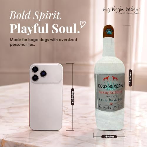 Dog Diggin Designs Dogs Hombres Barking Bad Mezcal Plush Dog Toy | Luxury-Inspired Parody Drink Bottle Dog Toy with Squeaker, Soft Plush Novelty Dog Toy – Shaken, Not Stirred!