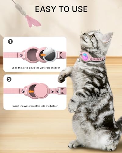 Airtag Cat Collar Breakaway, 2 Pack Cat Collar with Apple Airtag Holder | Reflective Waterproof Cat Collar with Bell, Easy Tracker with Airtag Collar, Adjustable 8-12In Lightweight & Comfortable