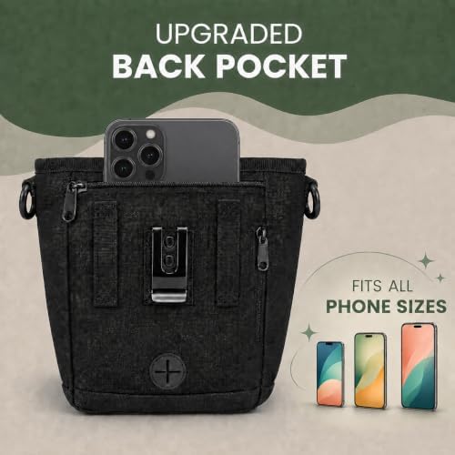 BEAU&FUR Large Dog Treat Pouch with Phone Pocket – 4 Cup Capacity, Built-In Poop Bag Dispenser, Expandable Pocket, Metal Buckle, Large Back Pocket, Ideal Design for Walks and Training – Black