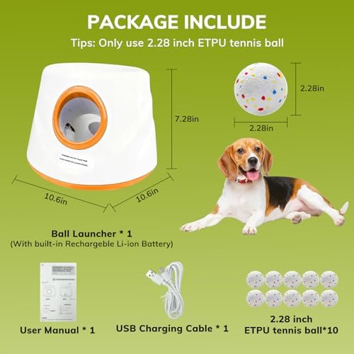 Automatic Dog Ball Launcher for Small/Medium Dogs - Small Silent Design, 3 Distance Settings (20ft/33ft/46ft), Rechargeable, 10 Durable 2.3" Balls Included (Dog Ball Launcher-Orange)