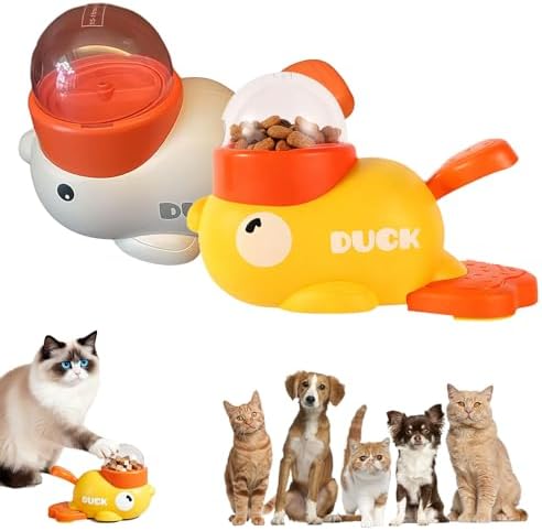 Ducky Cat Treat Dispenser, Yellow Duck Cat Treat Dispenser, Little Duck Cat Toy Treat Feeder for Pet Healthy Eating & Iq Training, for Cats and Dog (White+Yellow)