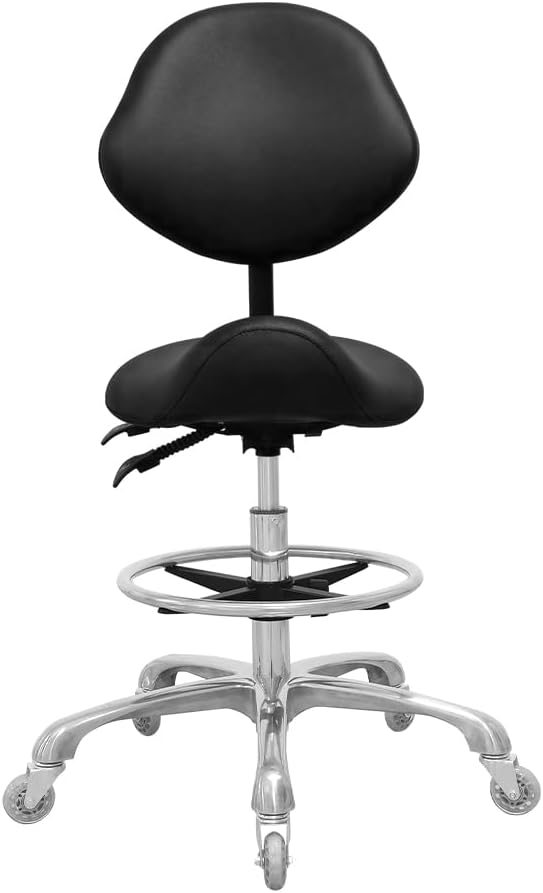 Saddle Stool Chair with Back Support Footrest, Heavy-Duty(350LBS), Hydraulic Rolling Swivel Adjustable Stool Chair for Salon Spa Beauty Massage Dental Clinic Home Office Use(Black)