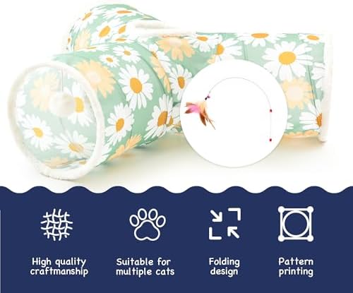 Tempcore Cat Tunnel, 3-Way Collapsible Toy for Indoor Cats, Daisy Green