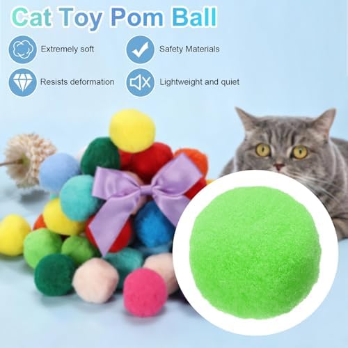 Cat Toy Pom Ball, Interactive Cat Ball Toys Fuzzy Pompoms (Plush, 1.2Inch, 30Pcs, Light Green) for Kittens Pet Enrichment Training Play Indoor