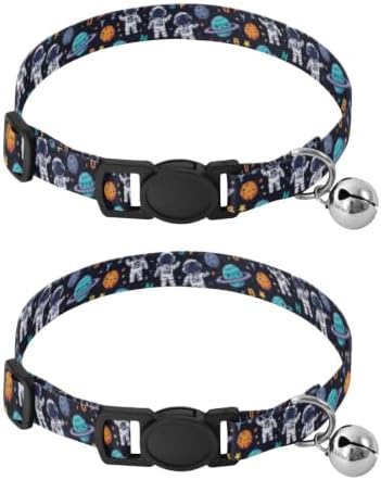 2 Pack Small Dog Collar Cute Cartoon Astronauts Alphabets Bell Collar for Small Dogs, Adjustable 10.6 to 17.1 Inches