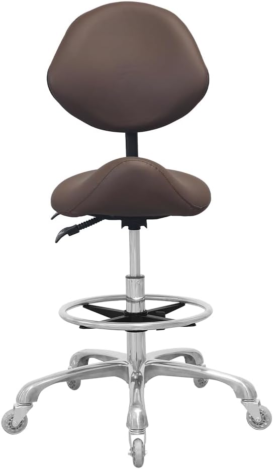 Saddle Stool Chair with Back Support Footrest, Heavy-Duty(350LBS), Hydraulic Rolling Swivel Adjustable Stool Chair for Salon Spa Beauty Massage Dental Clinic Home Office Use(Coffee)