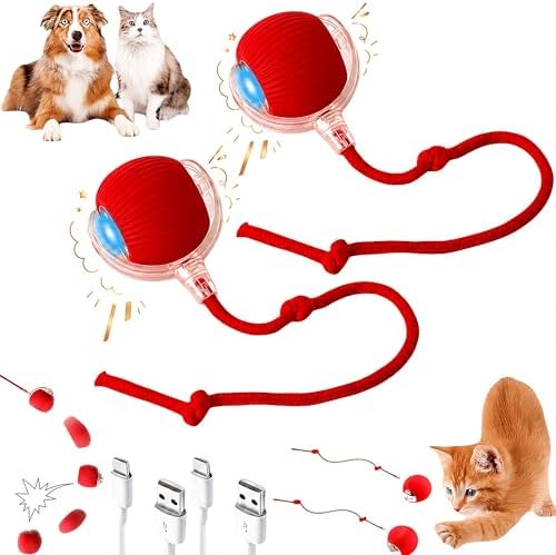 2026 New 2Pack Cat Ball Kitten Toys for Indoor Interactive Kitty Ball Toy Speedy Tail 360° Automatic Rolling Electric Moving Rechargeable,Smart Pet Chase with Rope for Bored Cats, Red Color VALUE PACK