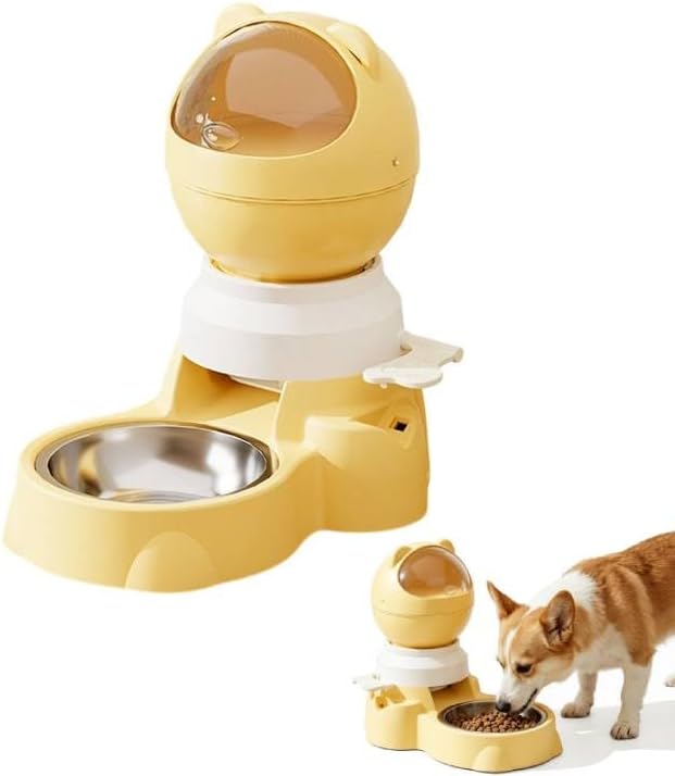 Automatic Gravity Pet Feeder Dispenser,Treat Dispenser with Button for Slow Feeder,Dog Waterer and Food Feeder for Cats Dogs (Yellow)