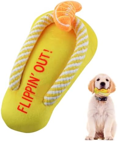 Andiker Dog Squeaky Toy, Plush Dog Chew Toys with a Squeaker, Slipper Shaped Interactive Dogs Toys for Small Medium Dogs Playing Chewing Teething Training (Yellow)