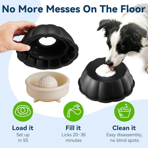 Dog Lick Bowl Ball Slow Feeder, Licking Bowl for Liquid Treat with Rolling Spin Sphere Roller Licker, Licky Feed Calming Anxiety Relief Enrichment Yogurt (Black)