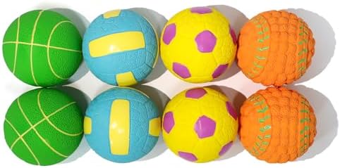 Squeaky Dog Balls, Interactive Funny Puppy Chew Toys for Fetch Play to Keep Them Busy, Latex Rubber Pet Tennis Soccer Ball Toy Bundle (8 Pack) for Puppies Small Breed Dogs