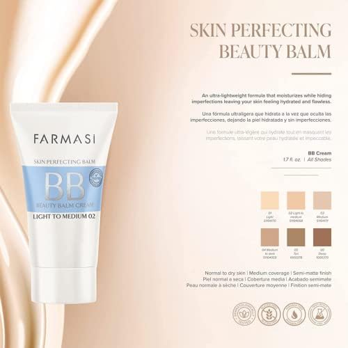FARMASi BB Cream Beauty Balm, Tinted Moisturizer with SPF 15, Lightweight Matte Finish, Buildable Coverage Face Makeup, 1.7 fl oz, 02 Light to Medium