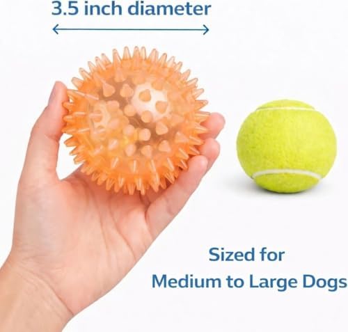 Squeaky Spiky Dog Ball for Teeth Cleaning & Gum Massage 3.5 Inch Medium Large Dogs Orange | Spiny TPR Rubber Chew Toy for Fetch Play Interactive Bouncy Dental Ball Durable BPA Free Nontoxic Floats
