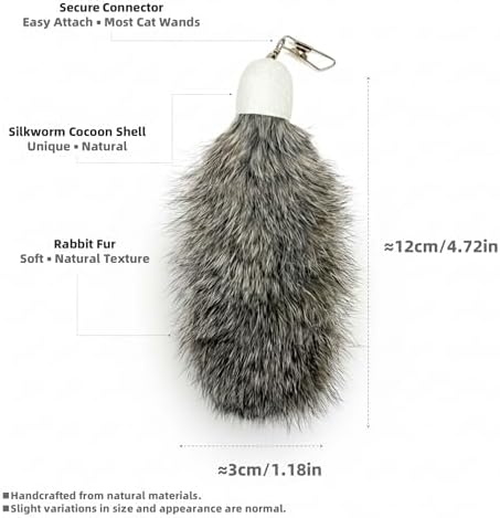 2 Pack Natural Rabbit Fur Cat Toy Refills – Silent Interactive Cat Toys for Indoor Cats, Handmade Replacement Heads with Secure Connector for Cat Wand Toys