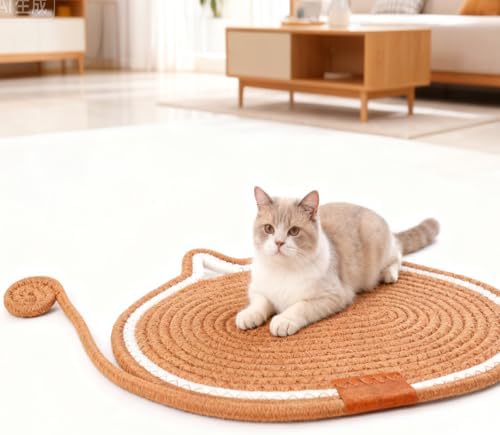 Cat Scratcher Mat Natural Cotton Rope Oval Horizontal Floor Cat Scratch Bed Pad with Ball Toy Protector for Furniture Floor Wall (Grey, 1PC)