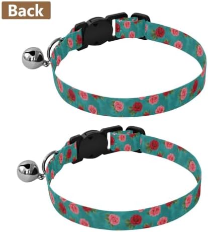 2 Pack Puppy Collar Roses Green Leaf Teal Kitten Collar with Bell, Adjustable Length 10.6" to 17.1"
