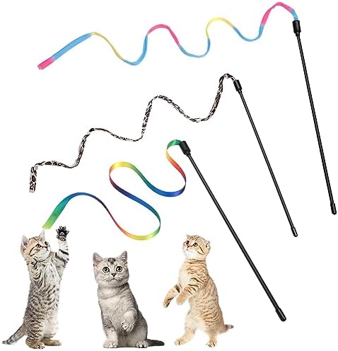 Amaxiu Cat Wand Toy Set, Interactive Cat Wand Toy with Rainbow Ribbon String, Leopard Print Cloth String for Small Cats Kittens Indoor Training Catcher (3 Packs)