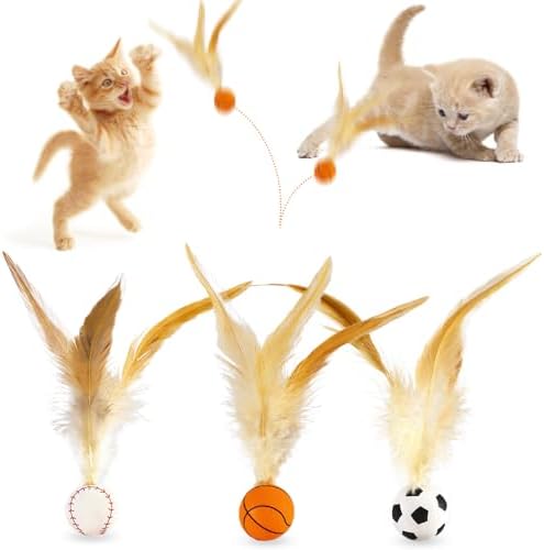 Cat Feather Bouncy Ball Toys, 3 PCS Cat Bulk Bouncy with Feathers, Elastic Bouncy Ball Cats Toys Set for Bored Indoor Adult Kitten Cats