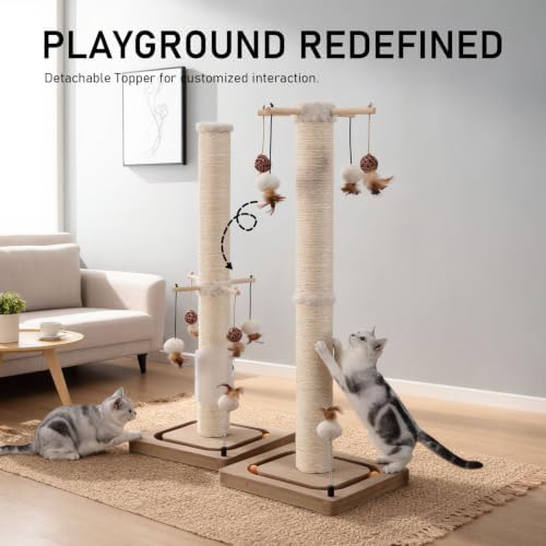 PEEKAB Cat Scratching Post for Indoor Adult Cats and Kittens,33 Inches Tall Large Sisal Scratch Post with Track Ball Toys,Cat Scratcher Toy Beige