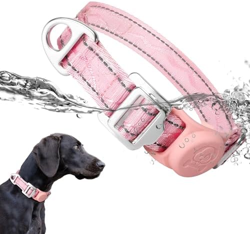 AirTag Dog Collar, Reflective Nylon, Metal Buckle, IP68, Dog Collar with AirTag Holder, Heavy Duty Dog Collars for Large Medium Small Dogs (Blush Pink, M：Width 1",Neck 13.4"-18.9")