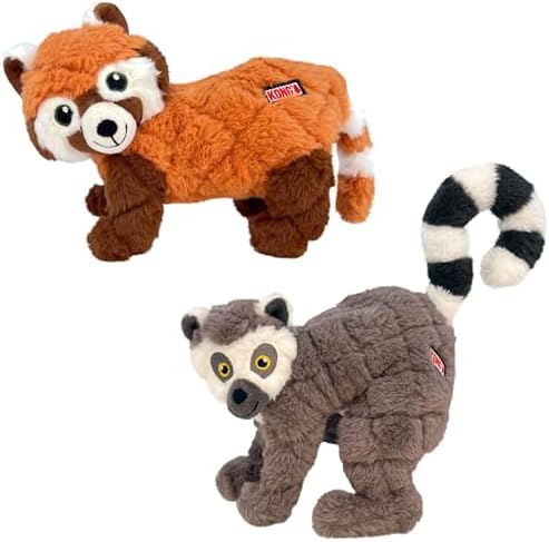 KONG Scampers Wildlife Plush Dog Toy with Low Tone Squeaker (Lemur/Red Panda Combo)