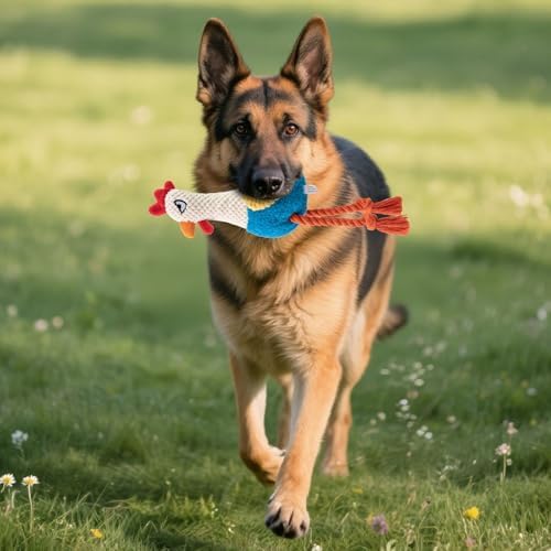 Chicken Dog Toy with Sound, Rope Legs for Small Medium Dogs, Colorful Rooster Toy for Tug and Play (Blue)