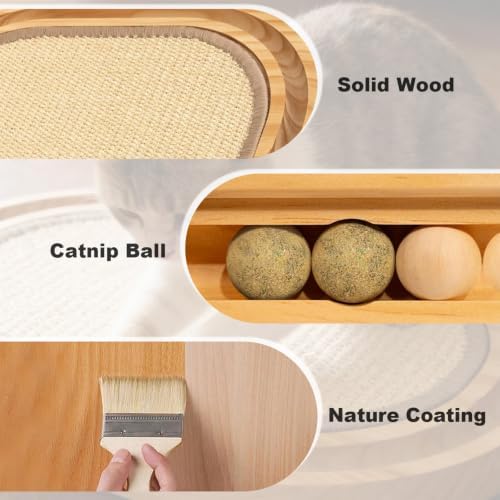 Sisal Cat Scratcher Toy, Natu sisal cat Scratching pad, Ball Track Wooden Interactive Cat Toy Ball, Catnip Ball, for Cats Chasing, Hunting, Mental Physical Exercise Puzzle