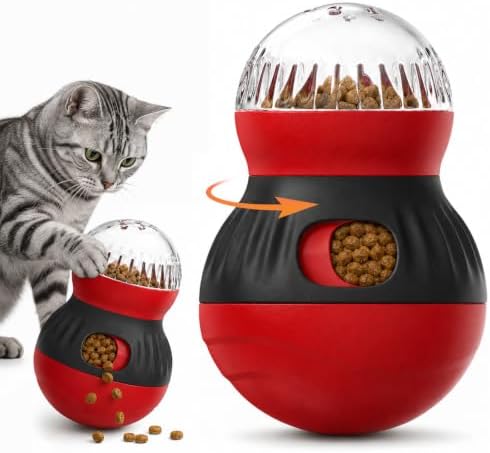 Interactive Cat Wobble Toy Treat Dispenser – Cat Puzzle Feeder & Slow Feeder Ball for Indoor Cats, Small Dog Enrichment Toy for Puppies (RED)