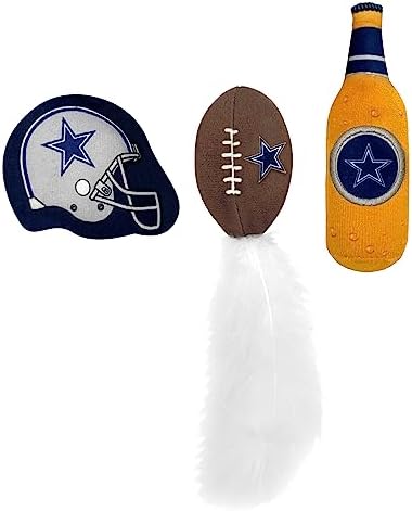 Best Plush CAT Toy - NFL Dallas Cowboys Complete Set of 3 piece Cat Toys Filled with Fresh Catnip. Includes: 1 Helmet Cat Toy, 1 Football Cat Toy with Feathers & 1 Beer Bottle. Beautiful Team Logos