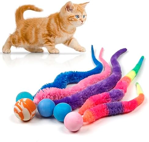 SHENGSEN Mixed Bouncy Ball with Tail Cat Toys-5 Packs,Rainbow Magic Worm with Ball Toy for Cats,Colorful Fuzzy Worm Bouncy Balls Cat Toy