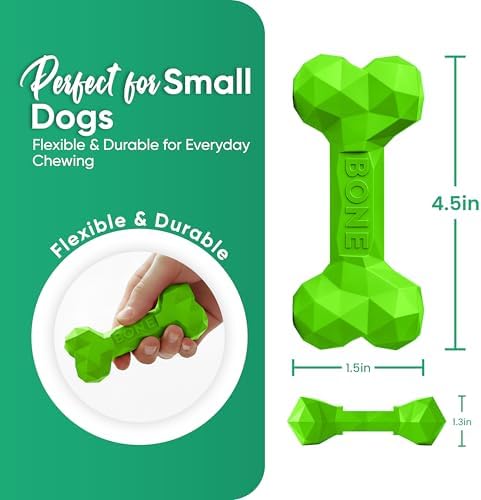 Natural Rubber Dog Toys for Small Dogs & Puppies - Durable Dental Dog Bone Toy for Indoor & Outdoor Play - Interactive Tough Teething Toy for Boredom Relief - For 25 lbs Small Dogs (Green)