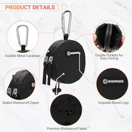 Dog Poop Bag Holder for Leashes- Dog Treat Pouch with Waterproof Zipper,Puppy Training Small Bag with Carabiner & Bungee Toggle,Two Pockets for Dry or Wet Treats-Pet Travel Walking Essentials (Black)