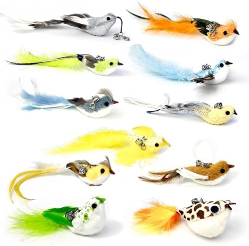 11 PCS Multi-Functional Cat Toy Replacement Heads – Realistic Handmade Bird Teasers with Bells & Detachable Clip, for Interactive Play, Indoor Enrichment & Home Decoration