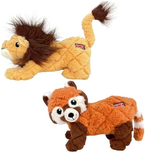 KONG Scampers Wildlife Plush Dog Toy with Low Tone Squeaker (Lion/Red Panda Combo)