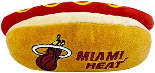 Pets First NBA Miami Heats HOT Dog Plush Dog & CAT Squeak Toy - Cutest HOT-Dog Snack Plush Toy for Dogs & Cats with Inner Squeaker & Beautiful Basketball Team Name/Logo 8 x 5 x 3 Inches