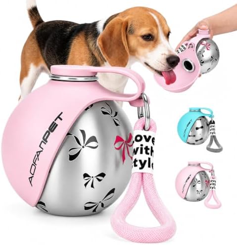 Portable Dog Water Bottle 10oz Stainless Steel Travel Dog Water Dispenser with Bowl No-Spill Puppy Water Bottle for Walking Hiking Small Dog Water Bottle (Pink Bow Print)
