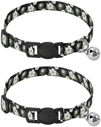 2 Pack Pet Collar Tropical Hibiscus Flowers Palm Leaf Black Dog Collar with Bell, Adjustable 10.6 to 17.1 Inches