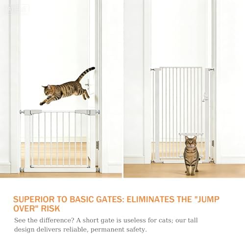 55.11" Extra Tall Cat Gate 29.5-40.6 Wide Pat Gate with Small Cat Door Safety Pet Gate NO Drilling Pressure Mount Kit for Cats and Dogs Indoor Doorways liveing Room Bedroom