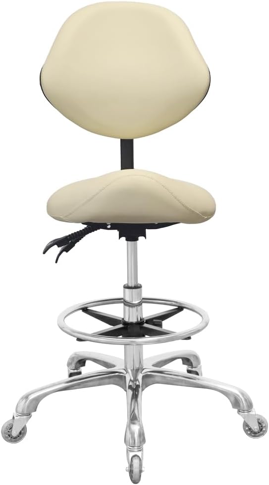 Saddle Stool Chair with Back Support Footrest, Heavy-Duty(350LBS), Hydraulic Rolling Swivel Adjustable Stool Chair for Salon Spa Beauty Massage Dental Clinic Home Office Use(Beige)