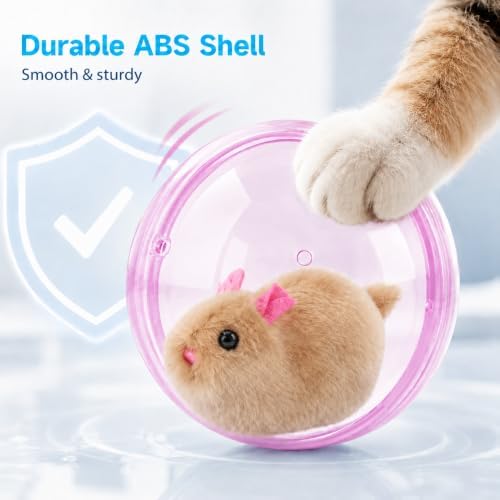 Self Rolling Interactive Cat Ball, Automatic Moving Cat Toy with Plush Animal Inside, 360° Rolling Cat Chasing Ball with Transparent Ball for Cats Dogs Small Pets (Pink,Brown Mouse)
