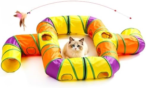 2 in 1 Cat Tunnel Set, Large DIY Free Splicing Cat Tunnels with Zipper, Collapsible Play Tunnel with Teaser Wand and Peek Holes, Interactive Pet Tube for Indoor Cats, Puppy and Rabbits (2 x T Shape)