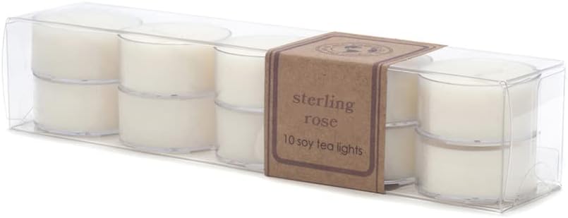 Eco Candle Co. Sterling Rose Tea Light Candles, 10-Pack, 9 Hr Burn Time | Scents of Green Notes, Fresh Cut Roses, Floral, & Musk - Recyclable, No Lead, Hand Made, .6 oz. Each, Midwest Soybeans